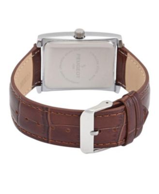 Men's 30X40mm Silver Tank Shape Watch with Textured Dial Brown Leather Strap