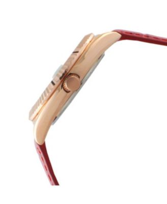 Women 36mm Red Fluted Bezel Watch with Leather Strap - Mother of Pearl Dial