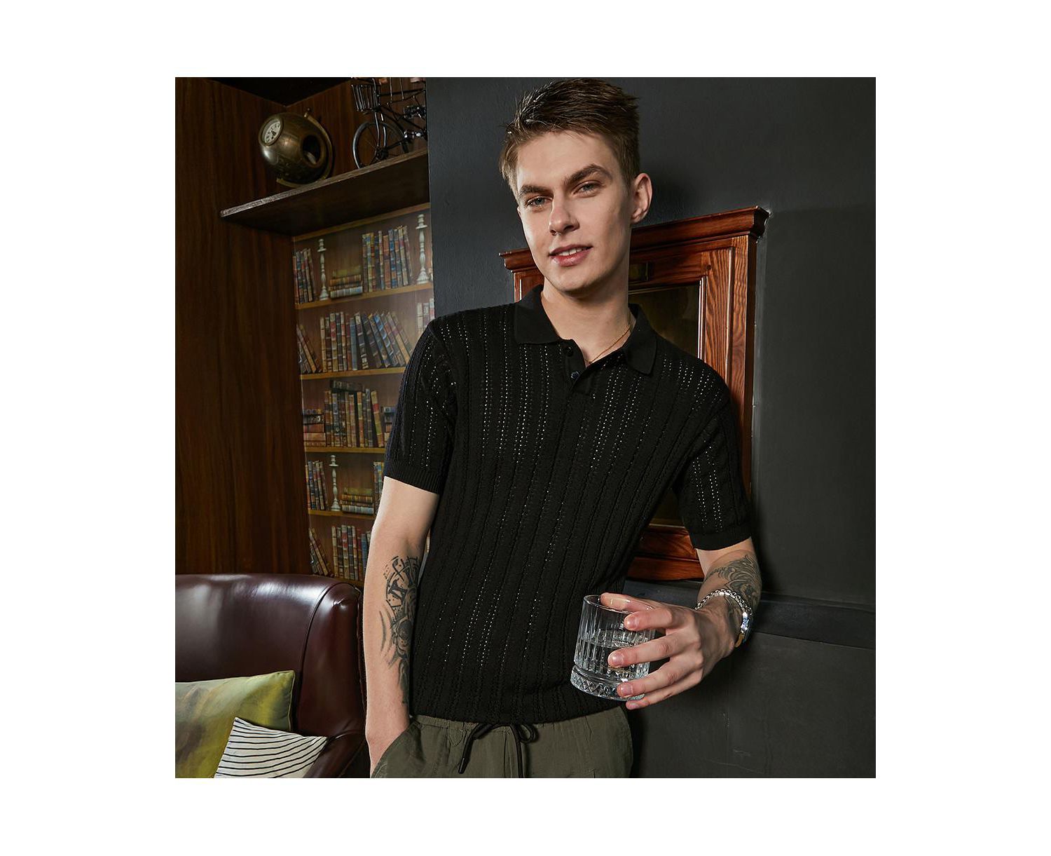 Men's Obsidian Black Stripe-Textured Polo T-Shirt