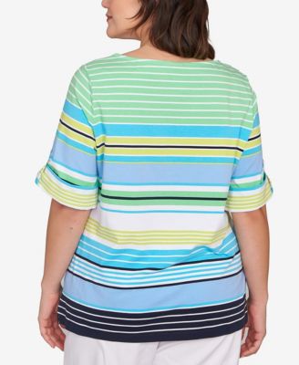 Plus Size Multi Stripe Roll Tab Top