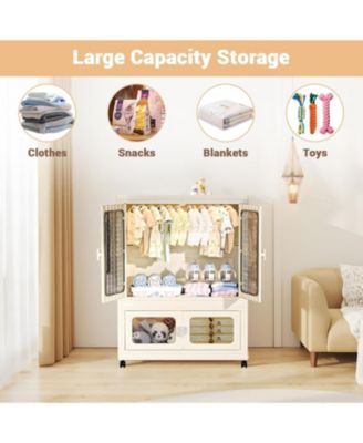 Stackable Storage Bins, Plastic Collapsible Storage Containers with Doors, Wheels and Hanging Rods, Large Lidded Closet Organizers Cabinet for Home Office