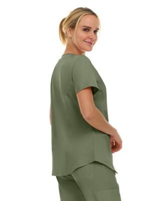 Women's Scrubs V-Neck Notch Fashion Stretch Scrub Top with Two Pockets, Flex Easy Care Fabric, Bubble Gum, Large