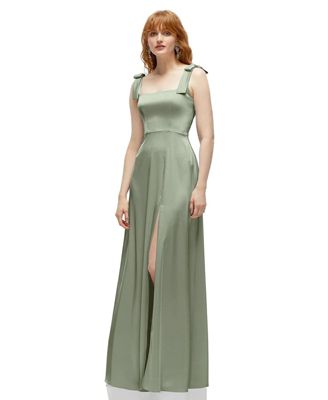 Plus Size Square Neck Fluid Satin Maxi Dress with Bow Straps