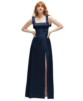 Plus Size Square Neck Fluid Satin Maxi Dress with Bow Straps