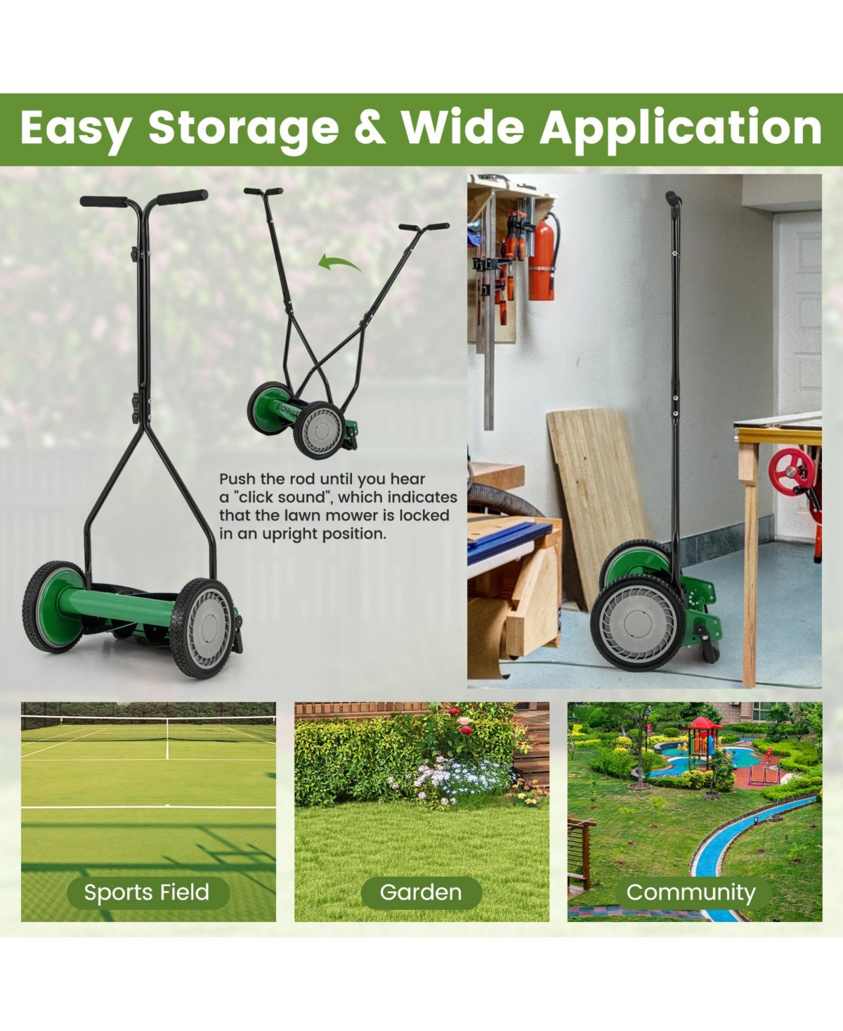 Professional Push Lawn Mower with 5 Steel Blades and Removable Grass Catcher Bag