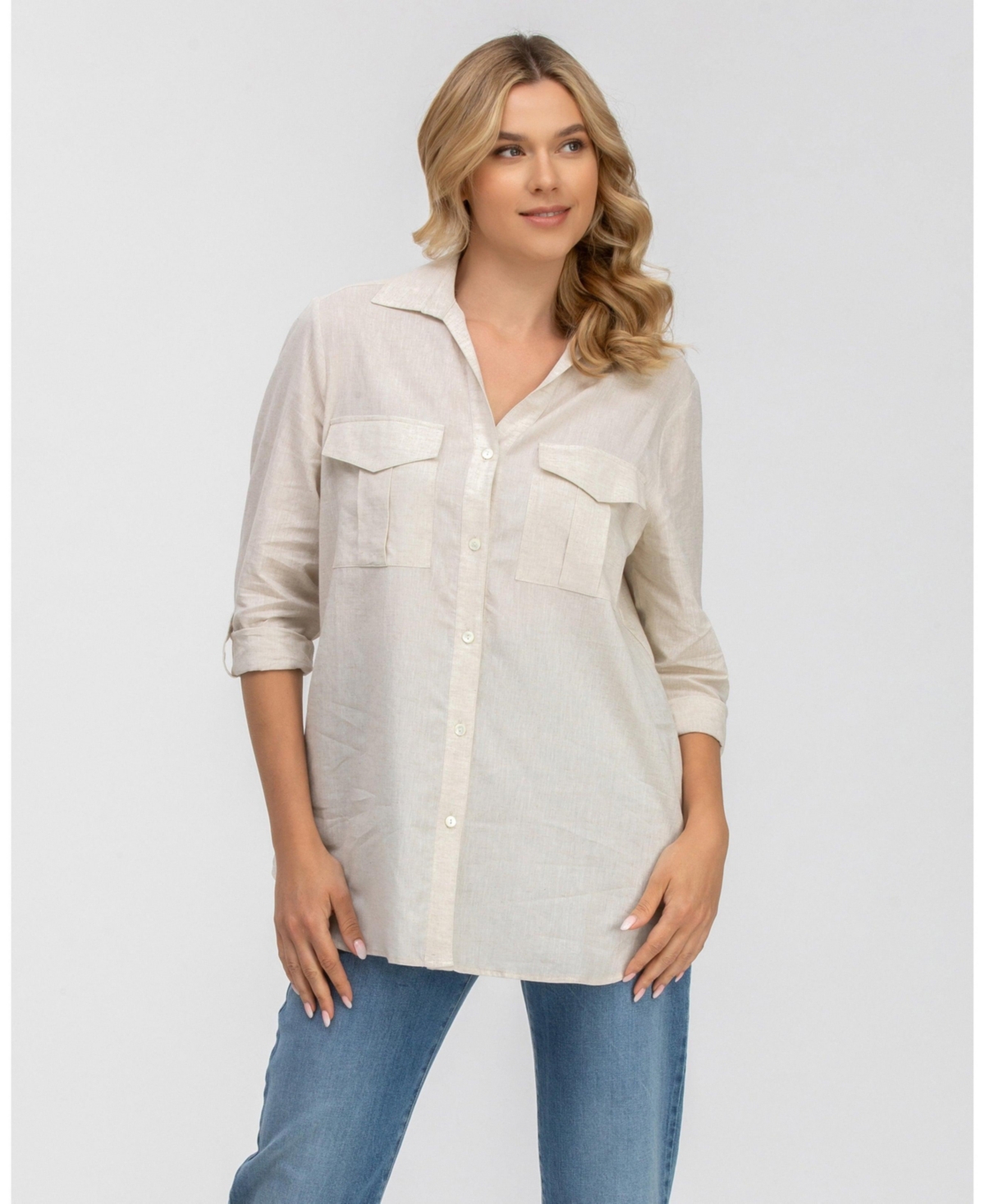 Women's Linen & Cotton Button-Up Shirt - Beige