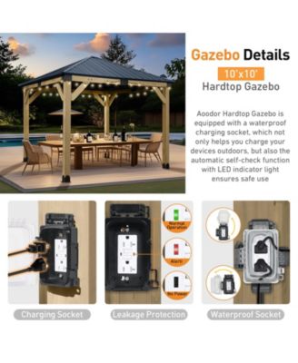 10 x 10 ft Wooden Frame Gazebo with Galvanized Metal Hardtop Roof, Outdoor Patio Gazebo with Charging Socket