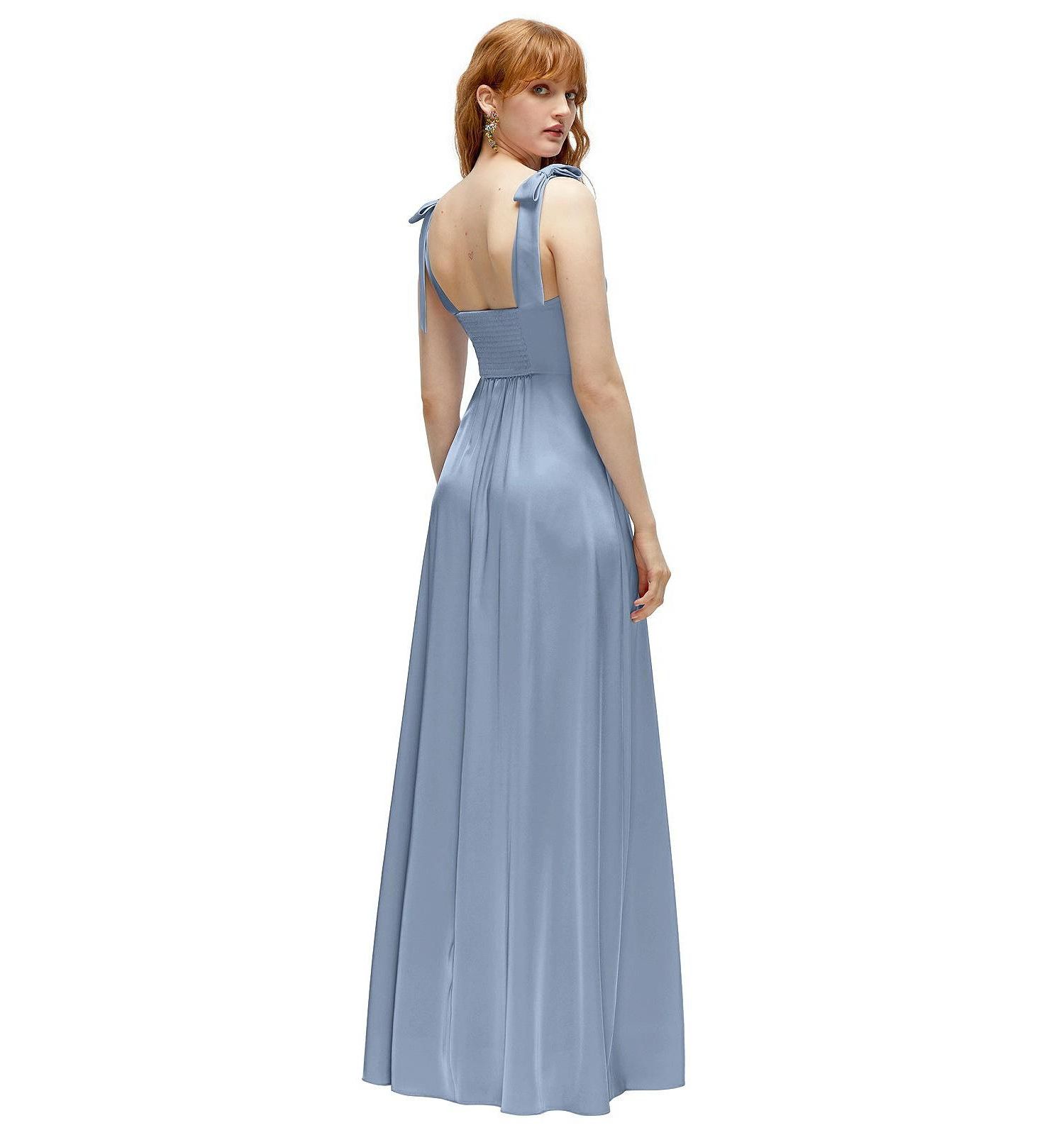 Women's Square Neck Fluid Satin Maxi Dress with Bow Straps