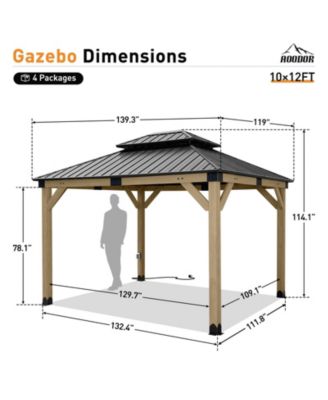 10 x 12 ft Wooden Frame Gazebo with 2-Tier Galvanized Metal Hardtop Roof, Outdoor Patio Gazebo with Charging Socket