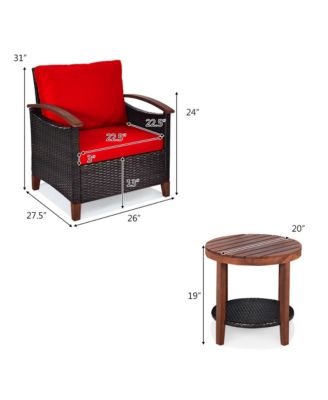 3PCS Patio Wicker Rattan Conversation Set Outdoor Furniture Set w/ Red Cushion