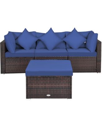 4PCS Rattan Patio Conversation Furniture Set Yard Outdoor w/ Navy Cushion