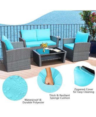4PCS Patio Rattan Conversation Set Outdoor Furniture Set w/ Turquoise Cushions