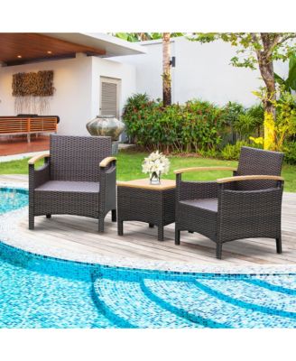 3 Piece Patio Bistro Set PE Rattan Conversation Furniture Set  w/ Acacia Wood Tabletop