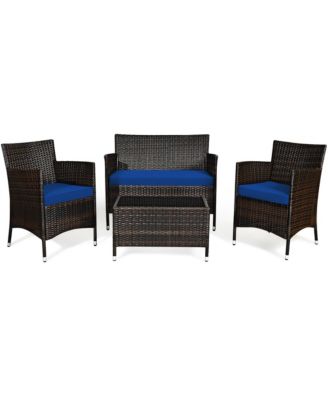 4Pieces Patio Rattan Conversation Furniture Set Outdoor with Cushion.