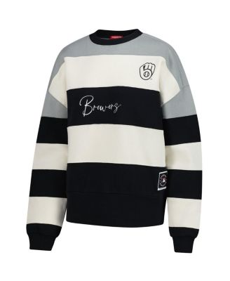 Women's Gray/Black Milwaukee Brewers Cooperstown Collection Blocked Fleece Pullover Sweatshirt