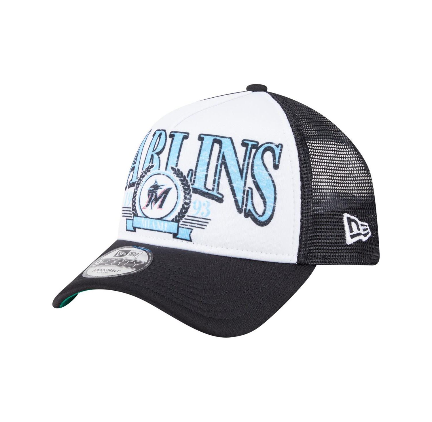 Men's Black Miami Marlins Distressed 9FORTY A-Frame Adjustable Trucker Hat