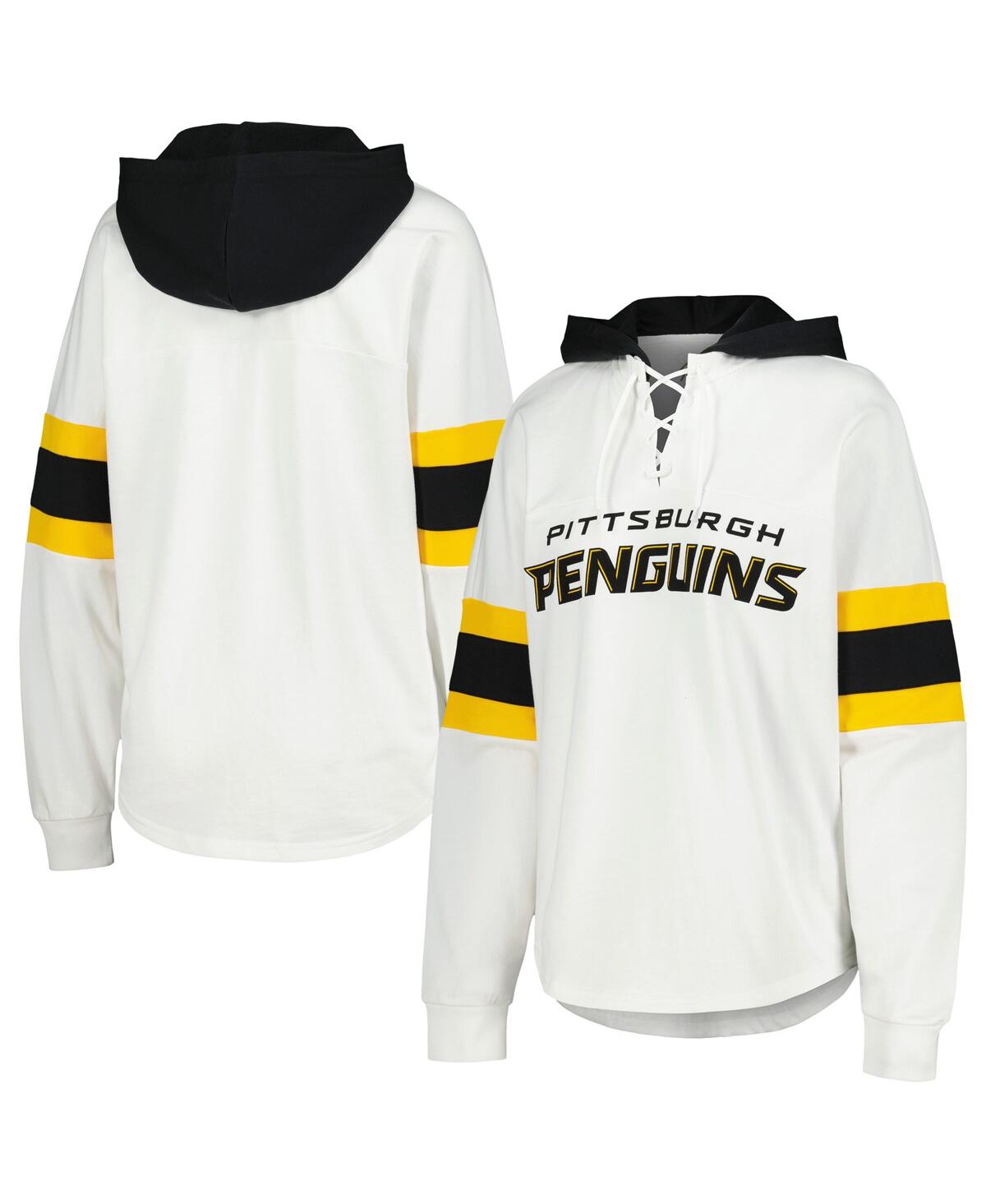 G-iii 4Her by Carl Banks Women's White/Black Pittsburgh Penguins Goal Zone Long Sleeve Lace-Up Hoodie T-Shirt