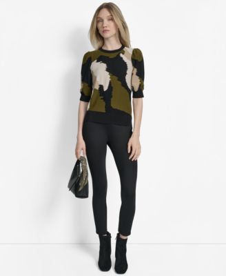 Womens Printed Puff Sleeve Sweater Slim Leg Pull On Ponte Ankle Pants