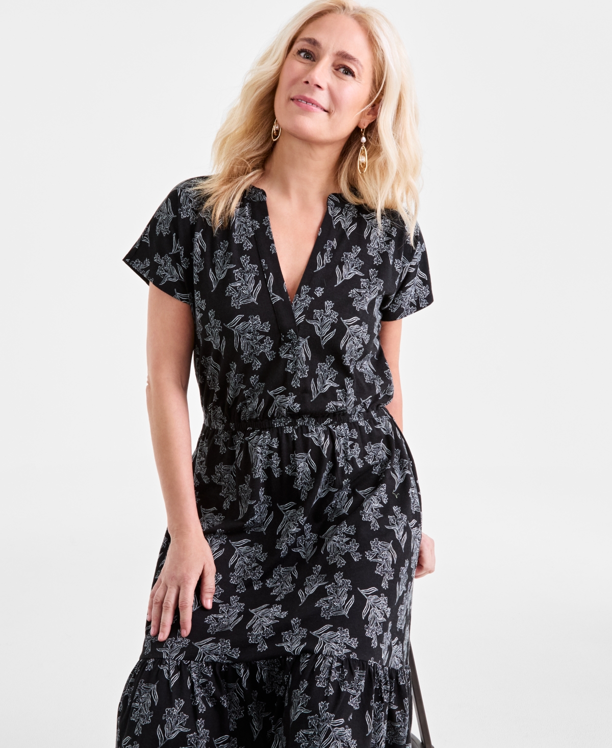 Style & Co Petite Floral-print Midi Dress, Exclusively At Macy's In Black