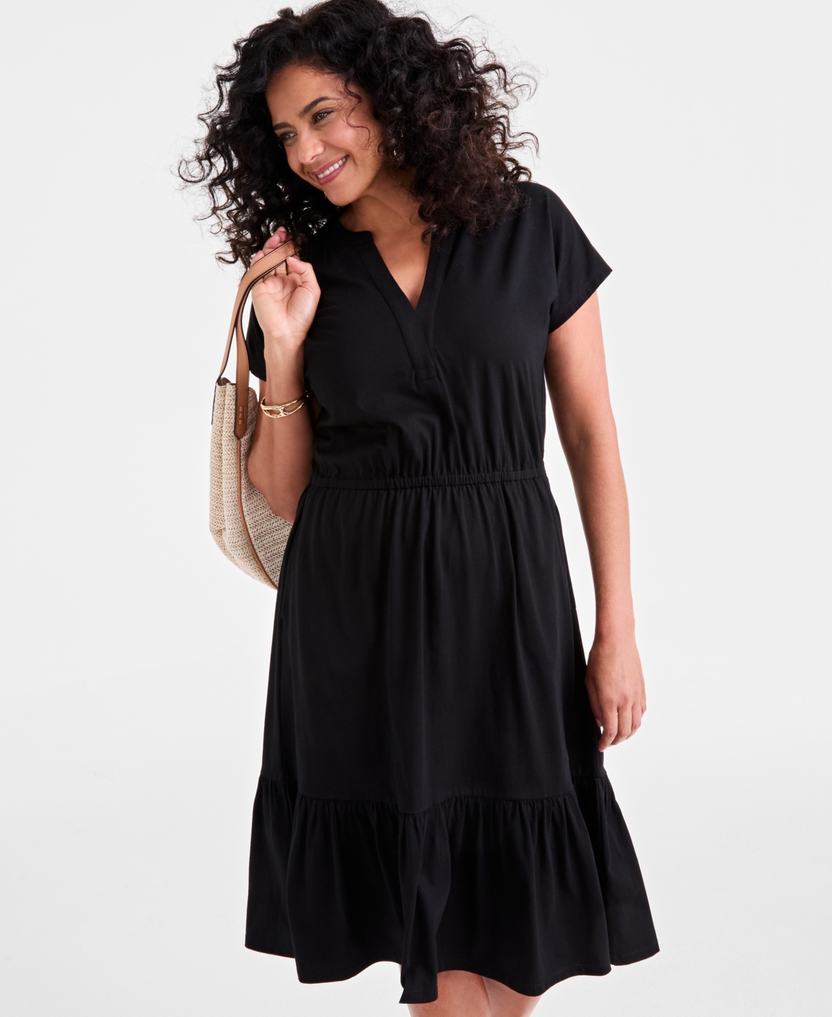 Style & Co Women's Printed Short-sleeve Tiered Dress, Exclusively At Macy's In Black