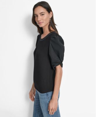 Women's Mixed-Media Taffeta Puff-Sleeve Top
