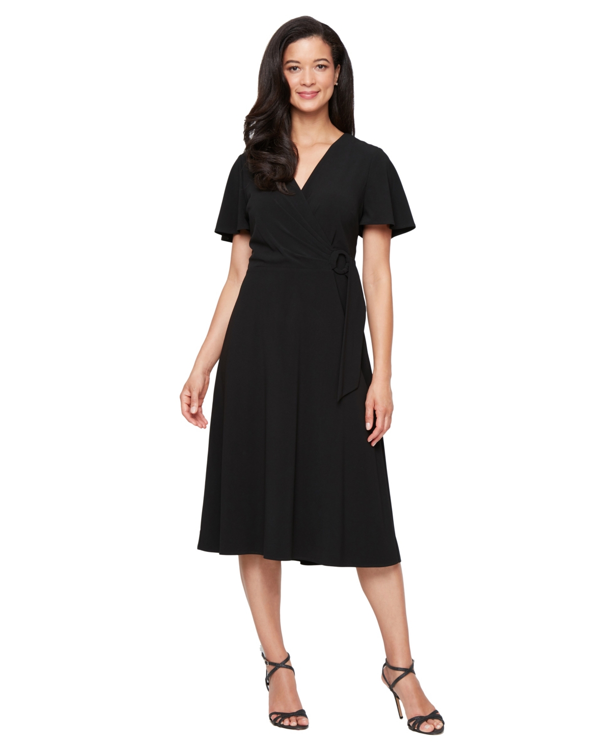 Women's Solid-Color Surplice Flutter-Sleeve Dress - Yellow