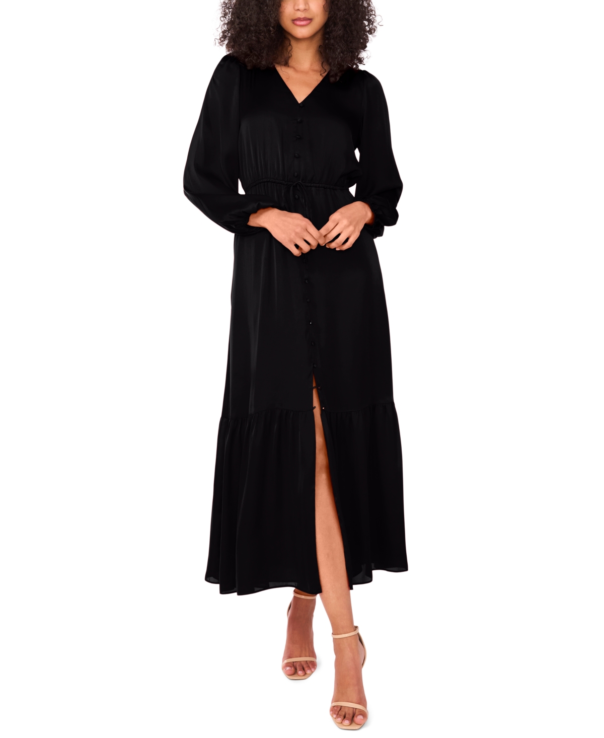 Women's Drawstring-Waist Button-Front Maxi Dress - Rich Black