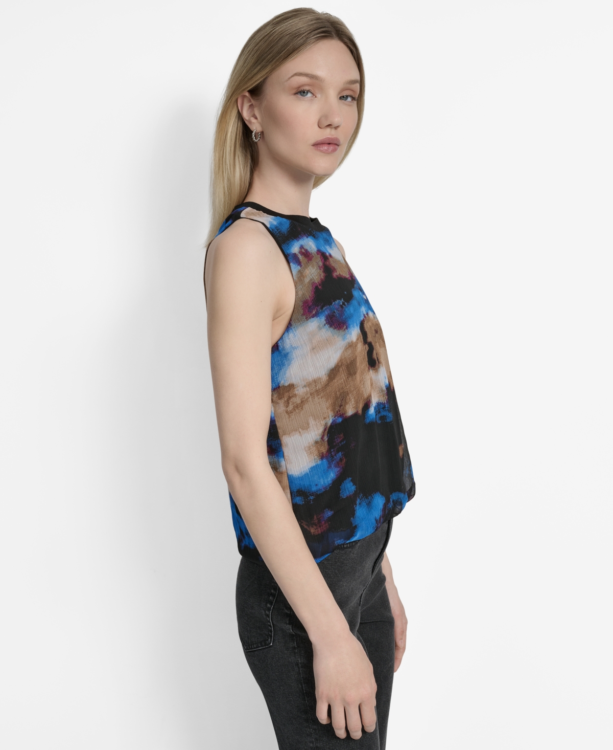 Dkny Print Sleeveless Chiffon Bubble Top In Blue