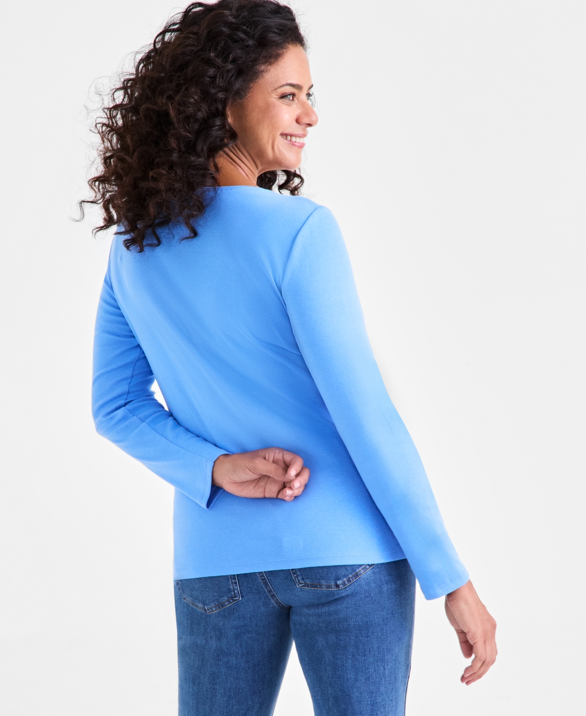 Style & Co Women's Cotton Long-sleeve Scoop-neck Top, Created For Macy's In Blue