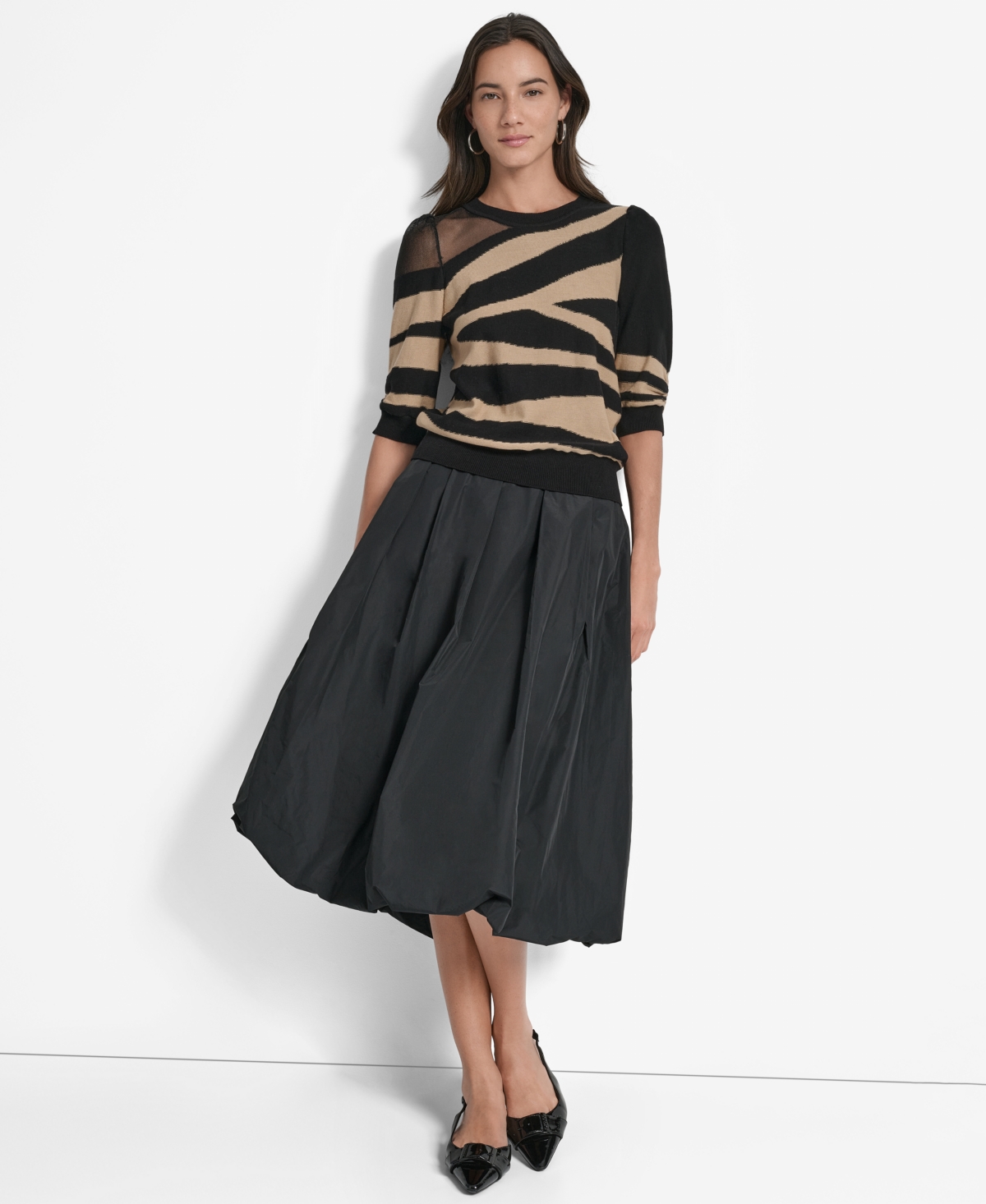 Dkny Zebra Stripe Three-quarter Sleeve Sweater In Black