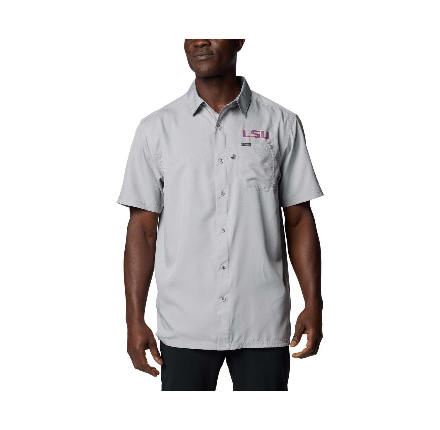 Men's Gray LSU Tigers PFG Slack Tide Omni-Shade Button-Up Camp Shirt