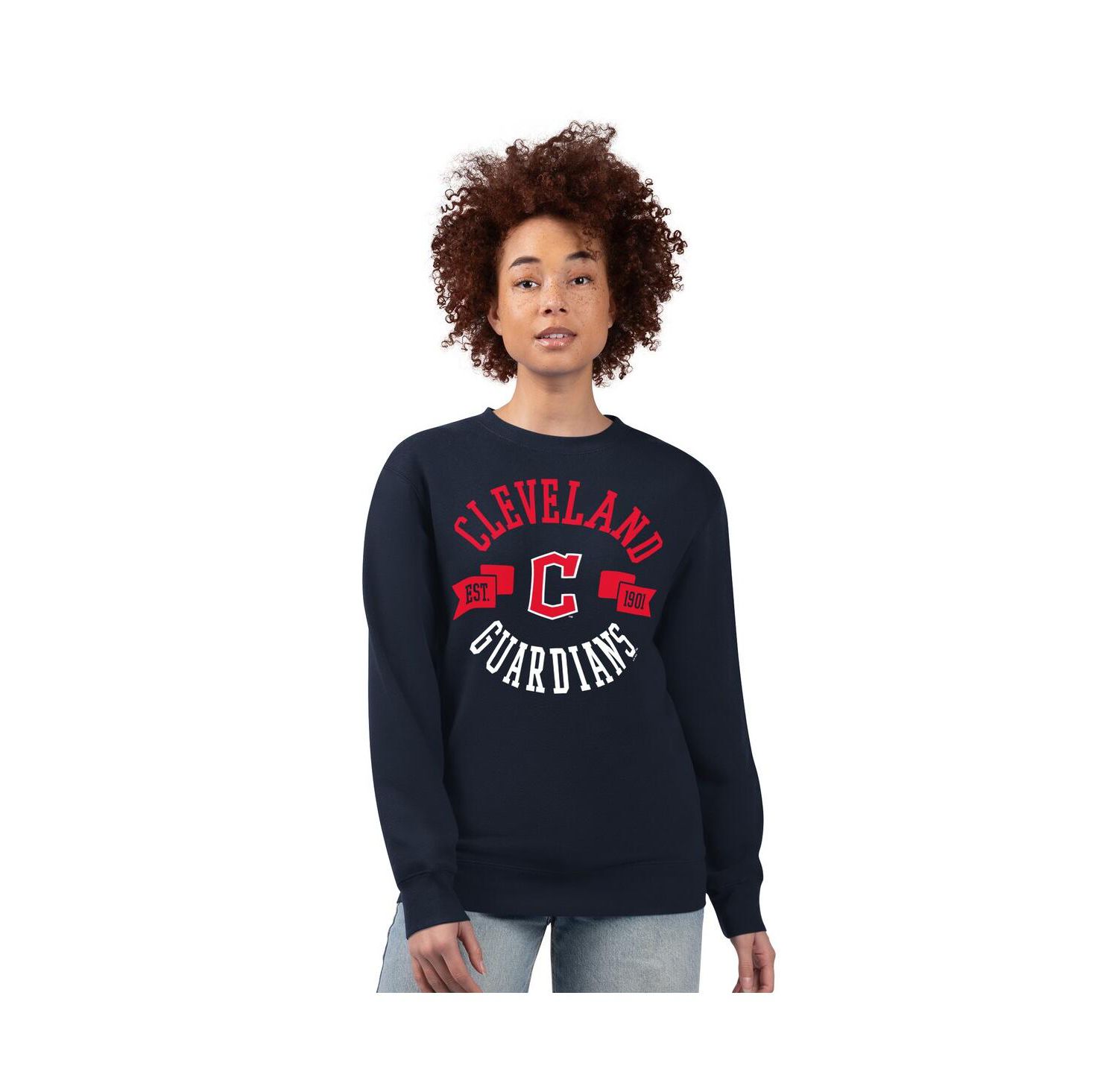 Women's Navy Cleveland Guardians Team Logo Fleece Pullover Sweatshirt