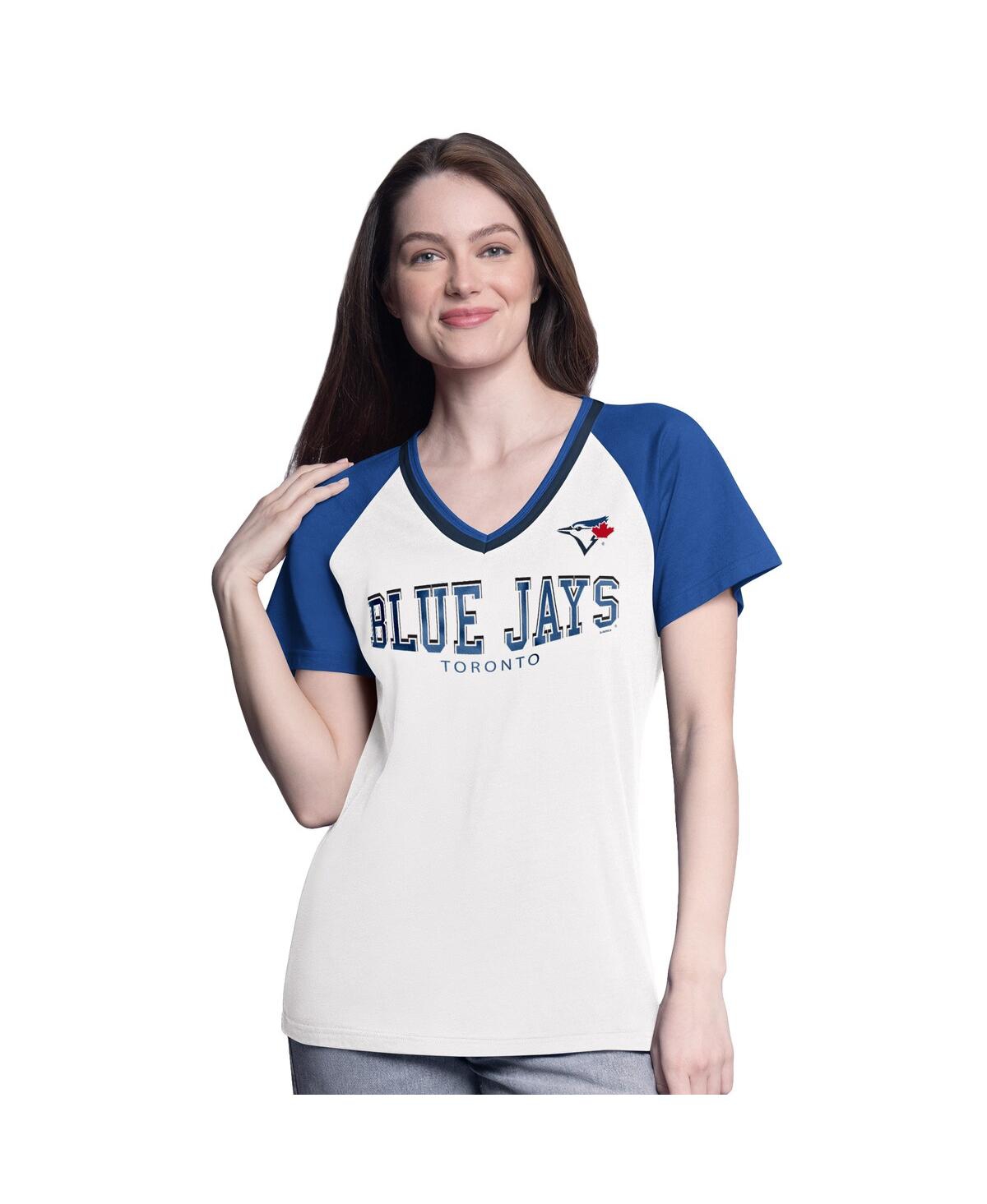 G-iii 4Her by Carl Banks Women'sÂ White/Royal Toronto Blue Jays Ball Park Raglan V-Neck T-Shirt - White, Royal