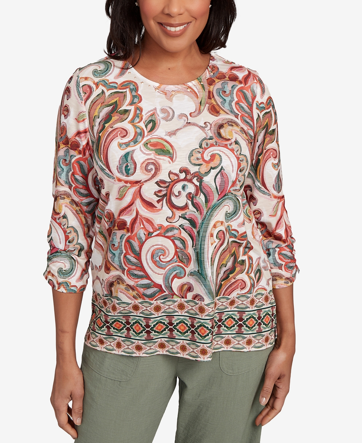 Women's Copper Canyon Textured Scroll Border Ruched Sleeves Top - Olive Multi