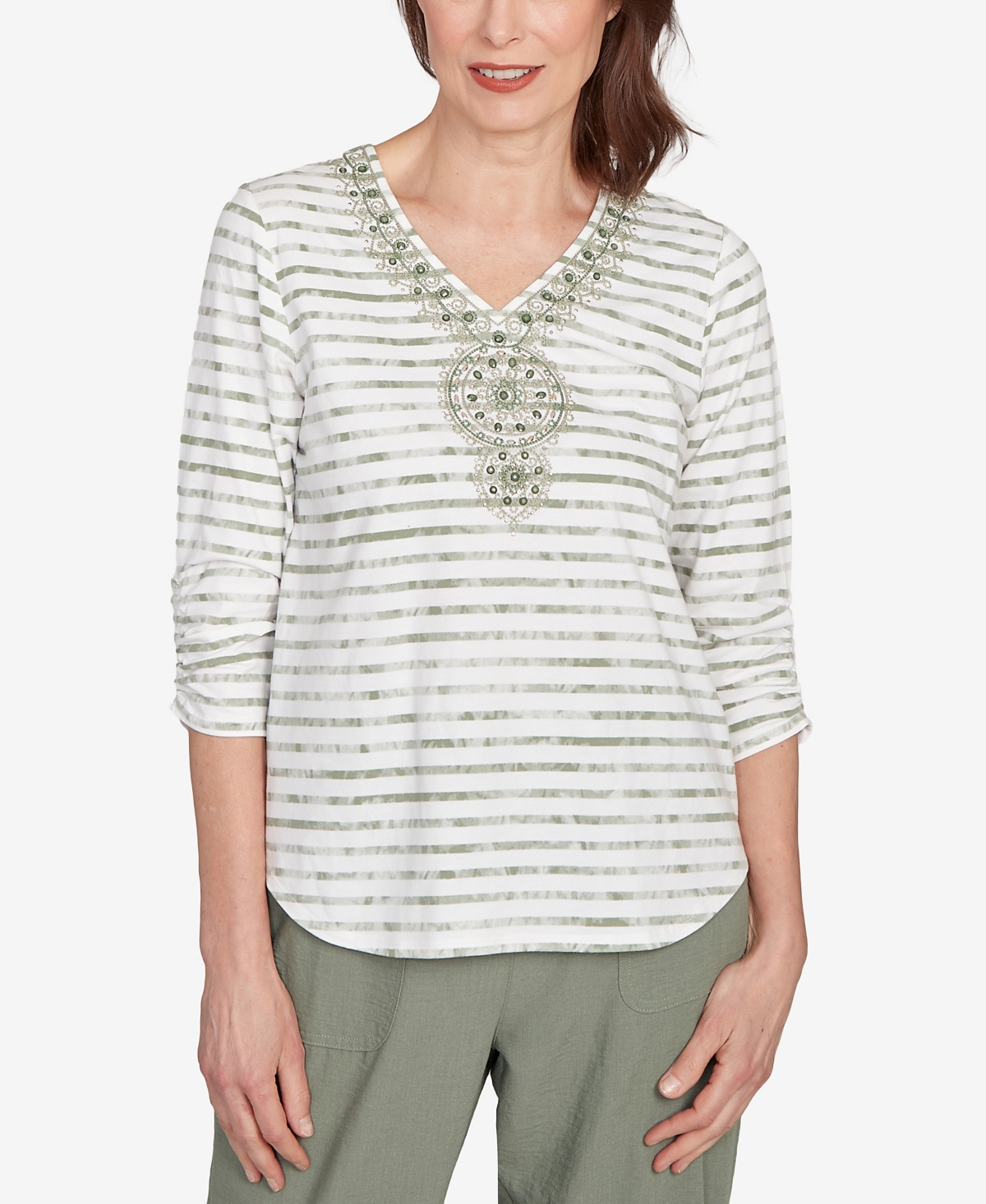 Alfred Dunner Petite Copper Canyon Textured Medallion Neckline Top In Multi
