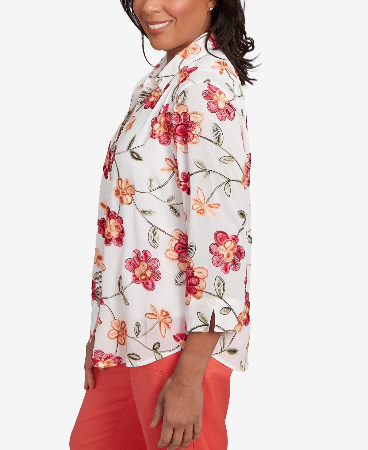 Alfred Dunner Women's Catalina Island Bright Floral Two In One Top With Necklace