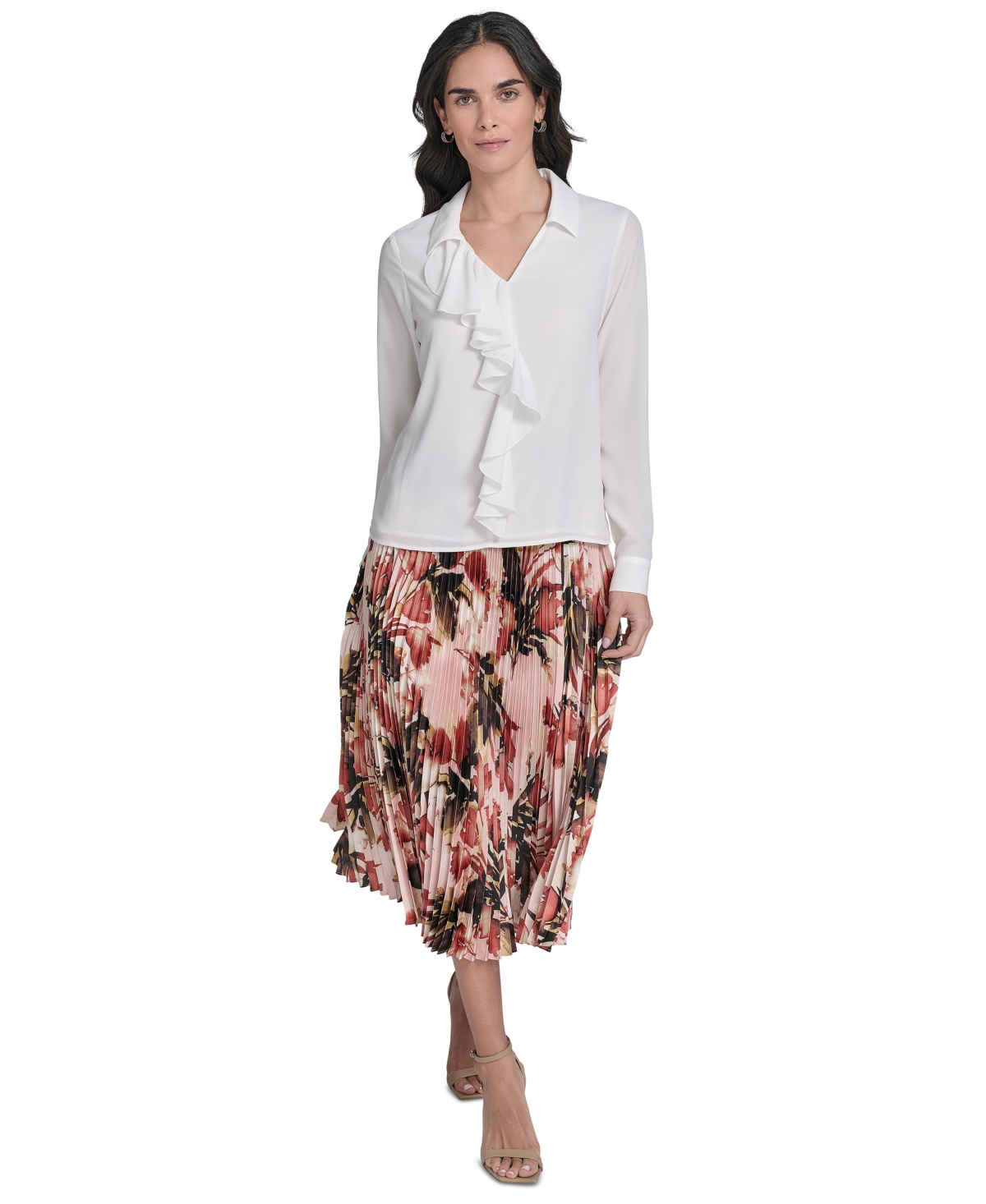 Calvin Klein Petite Ruffle-trim Collared Blouse In White