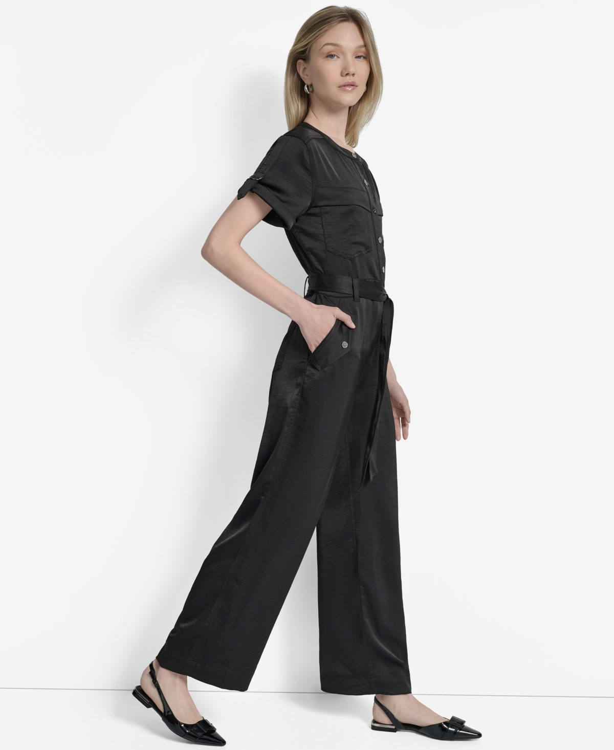 Dkny Women's Weathered Twill Snap-front Utility Jumpsuit In Black