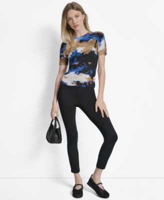 Womens Printed Mix Rib Short Sleeve Sweater Slim Leg Pull On Ponte Ankle Pants