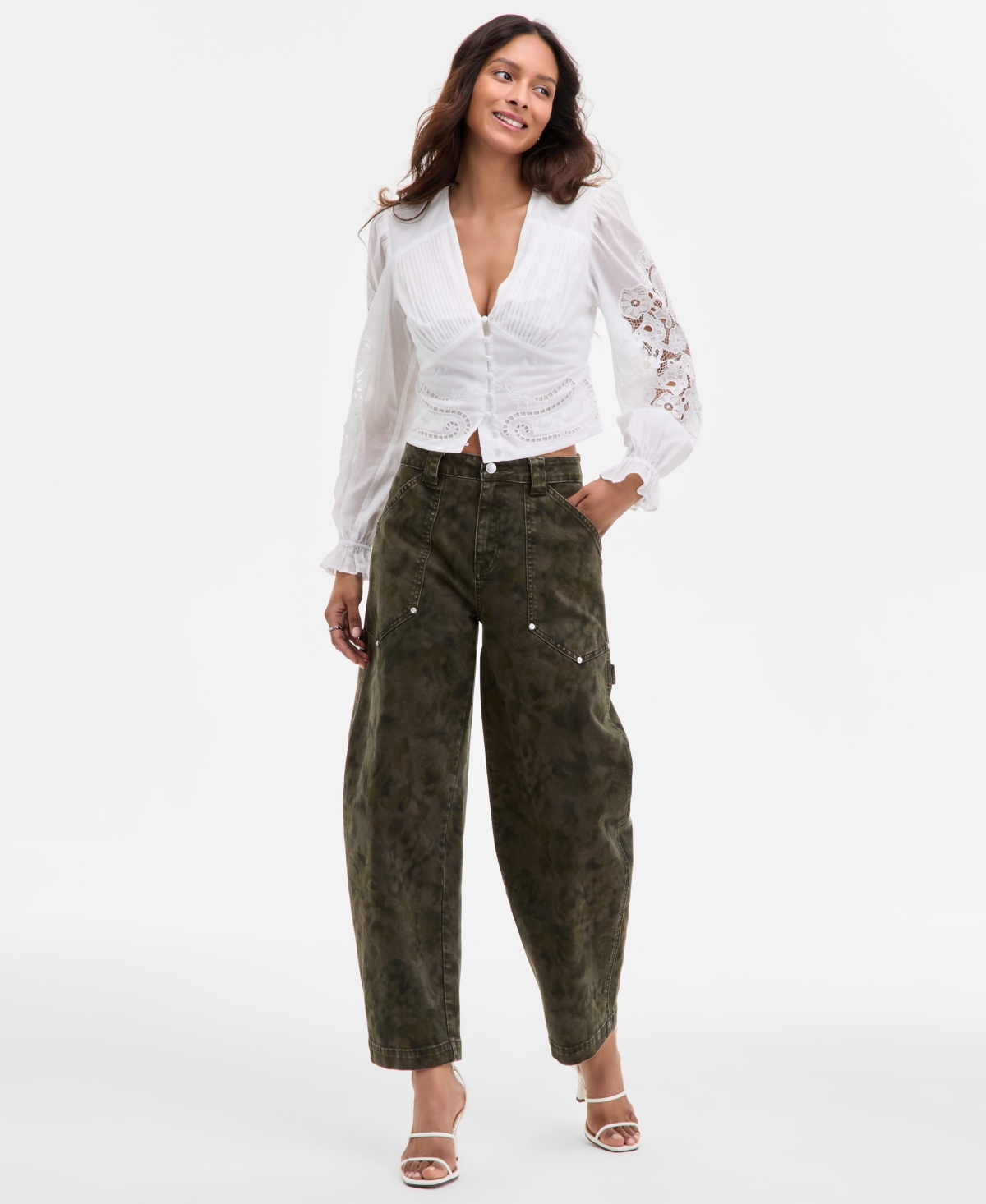 Avec Les Filles Women's Cotton Pintuck Lace-trim Button-front Blouse In White