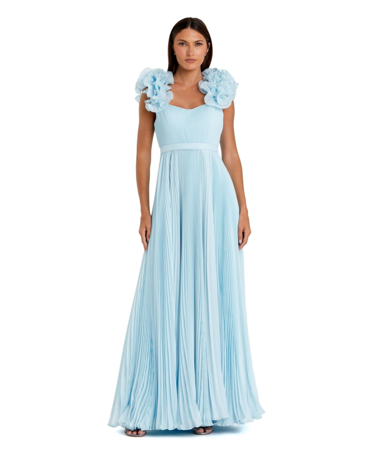 Women's Pleated Organza Gown With Ruffle Straps - Powder blue