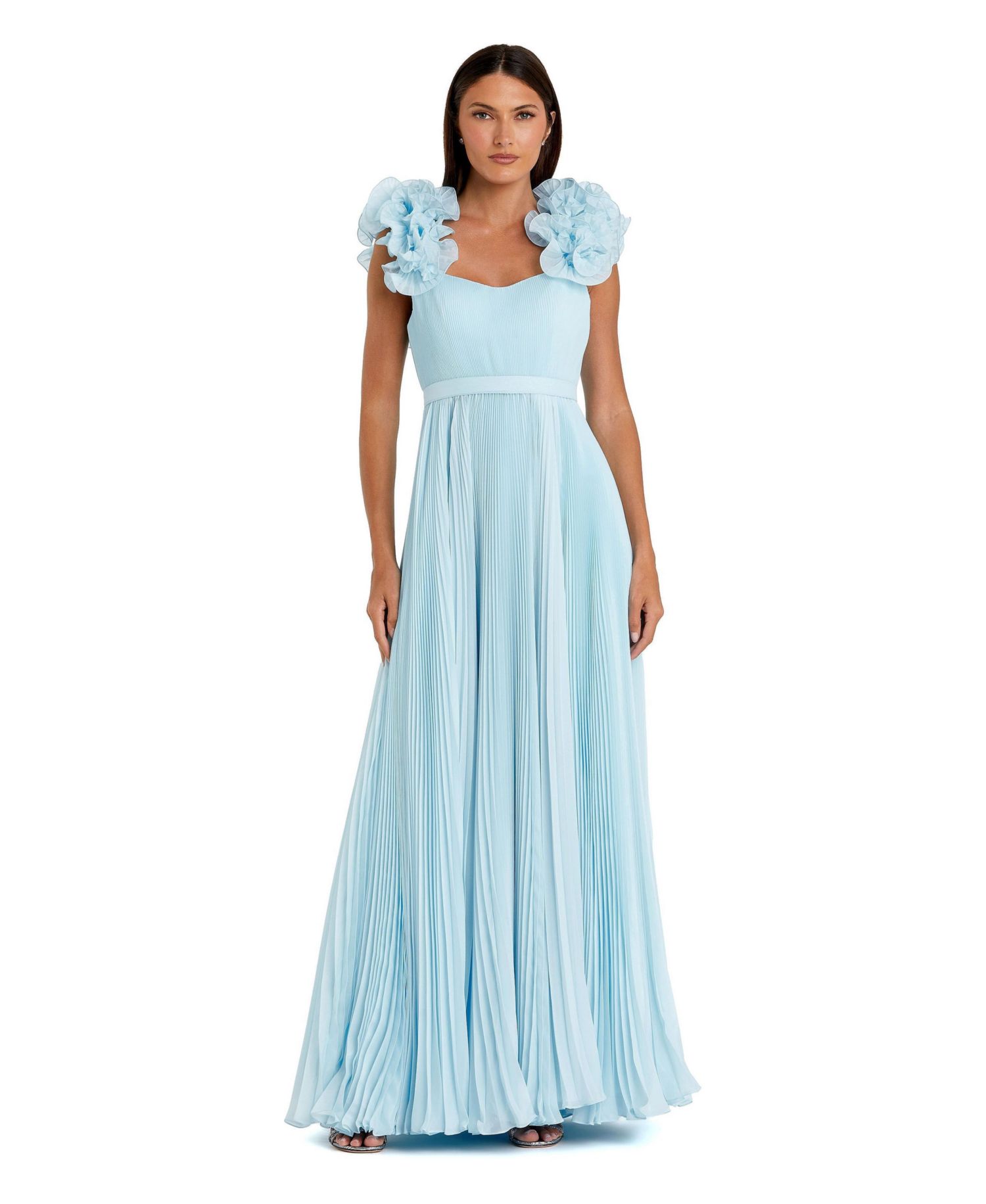 Women's Pleated Organza Gown With Ruffle Straps