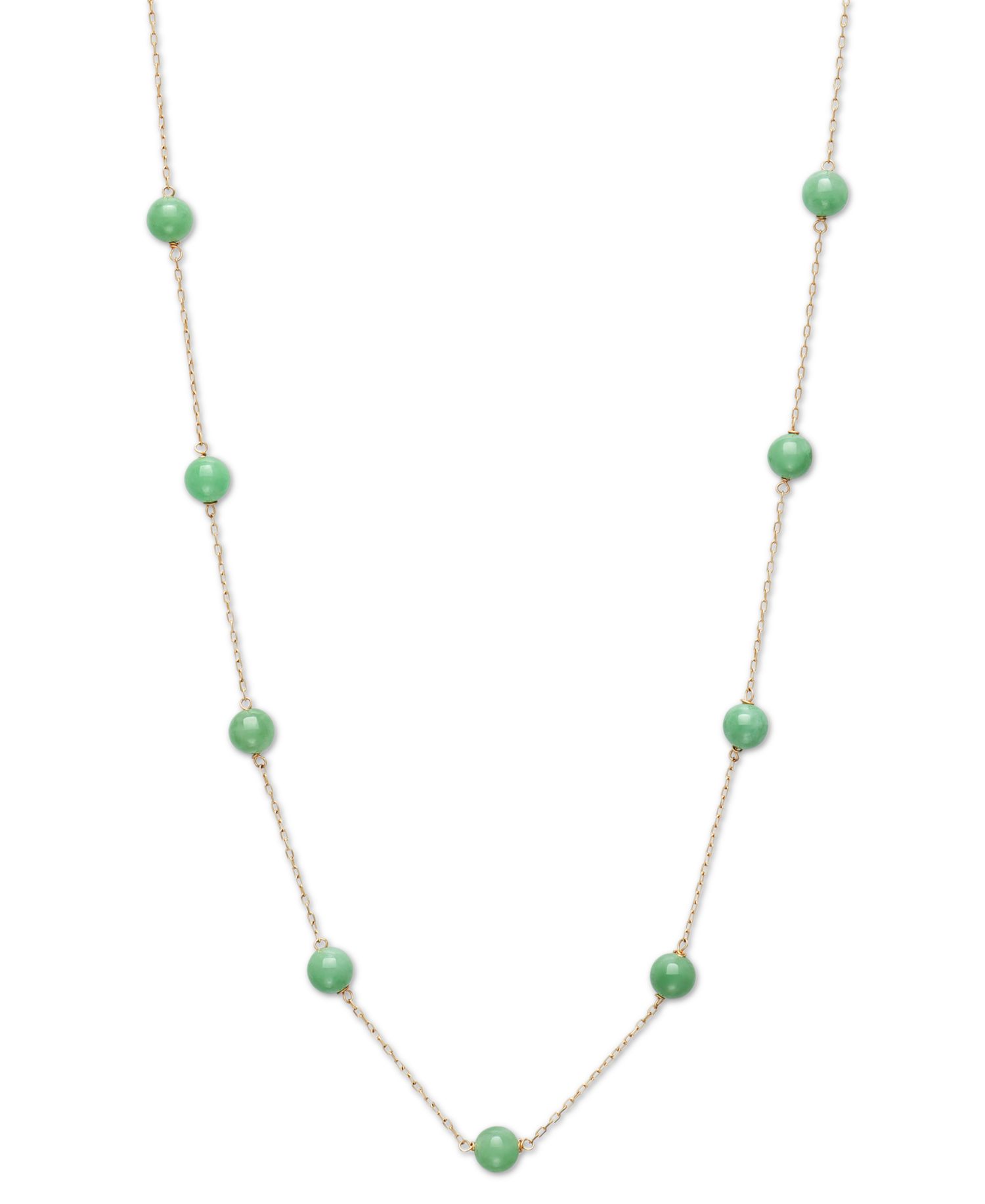 Dyed Green Jade Bead Station 18" Collar Necklace in 10k Gold