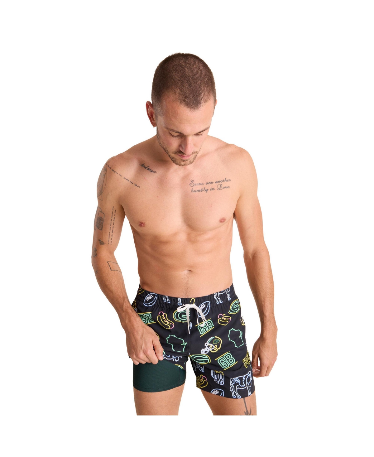 Men's 5.5" Black Green Bay Packers The Neon Lined Classic Swim Trunks - Black