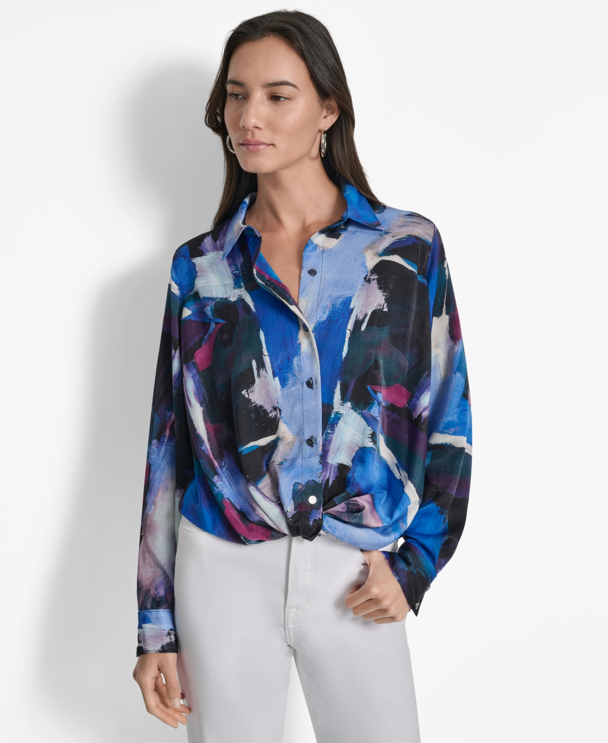 Dkny Printed Satin Button-up Shirt In Blue