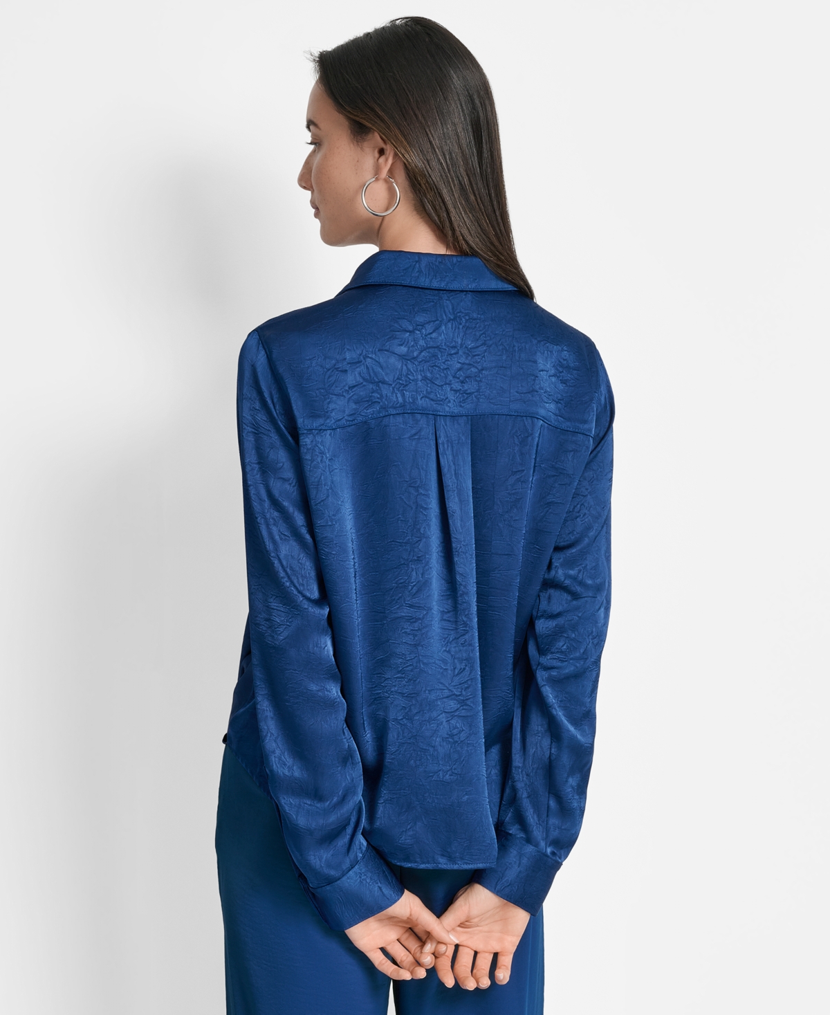 Dkny Twist Front Crinkle Satin Shirt In Blue