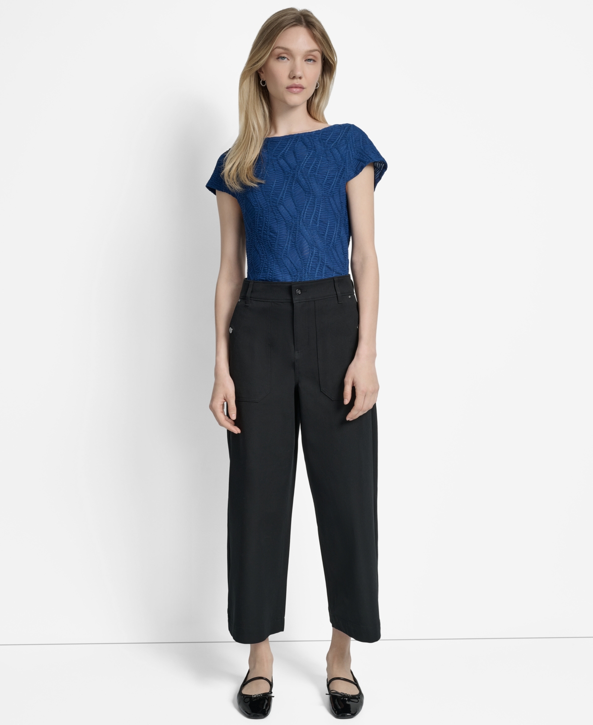 Dkny Button Pocket Crop Wide Leg Pants In Black