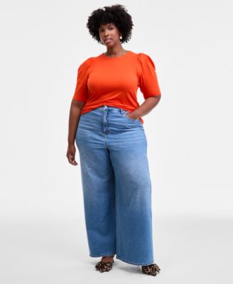 Trendy Plus Printed Ruched Puff-Sleeve Crewneck Top, Macy's Exclusive