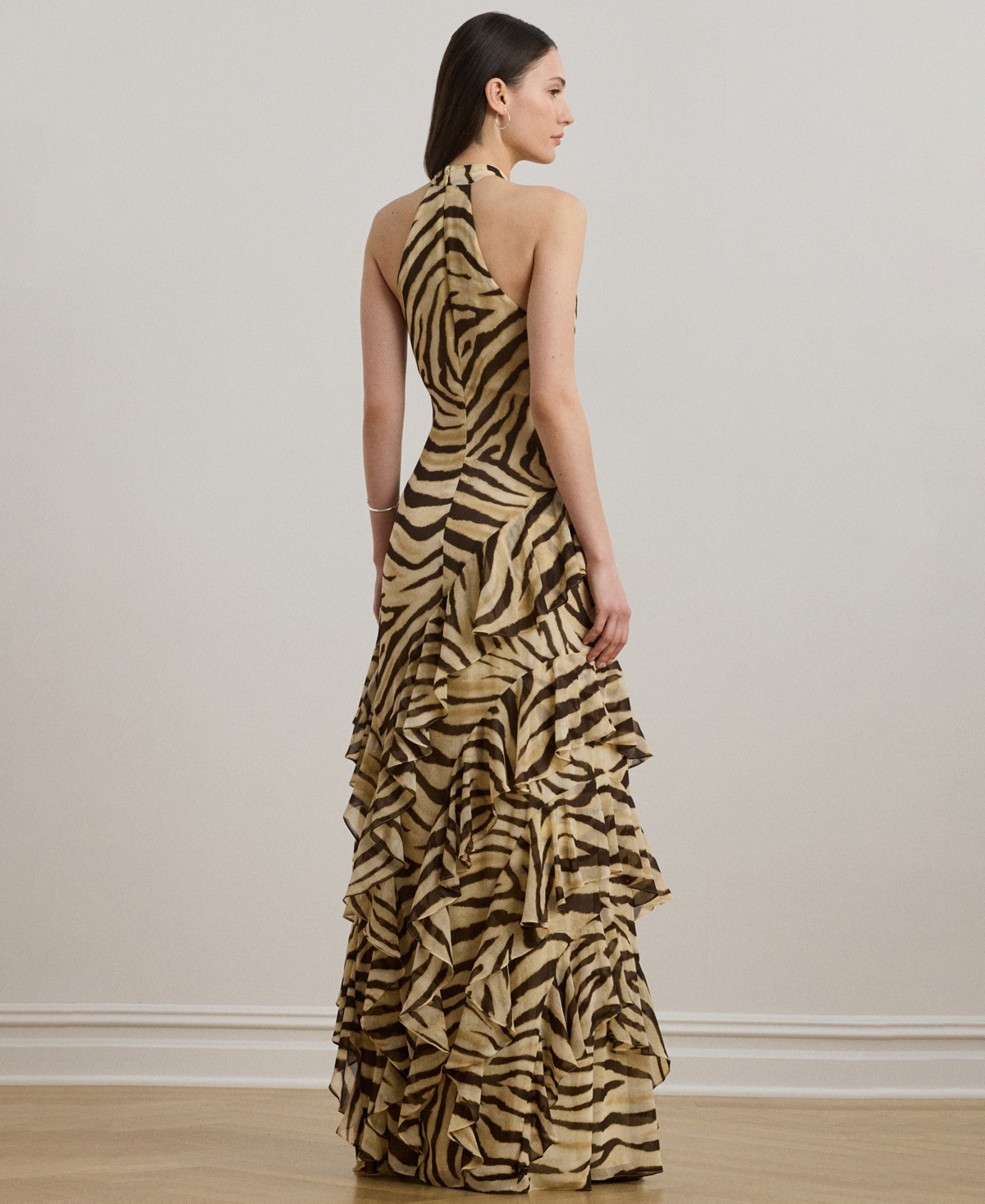 Ralph Lauren Zebra-print Ruffle-trim Georgette Gown In Brown