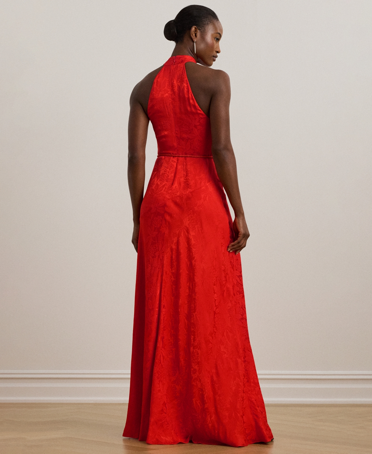 Ralph Lauren Women's Belted Floral Jacquard Halter Gown In Red